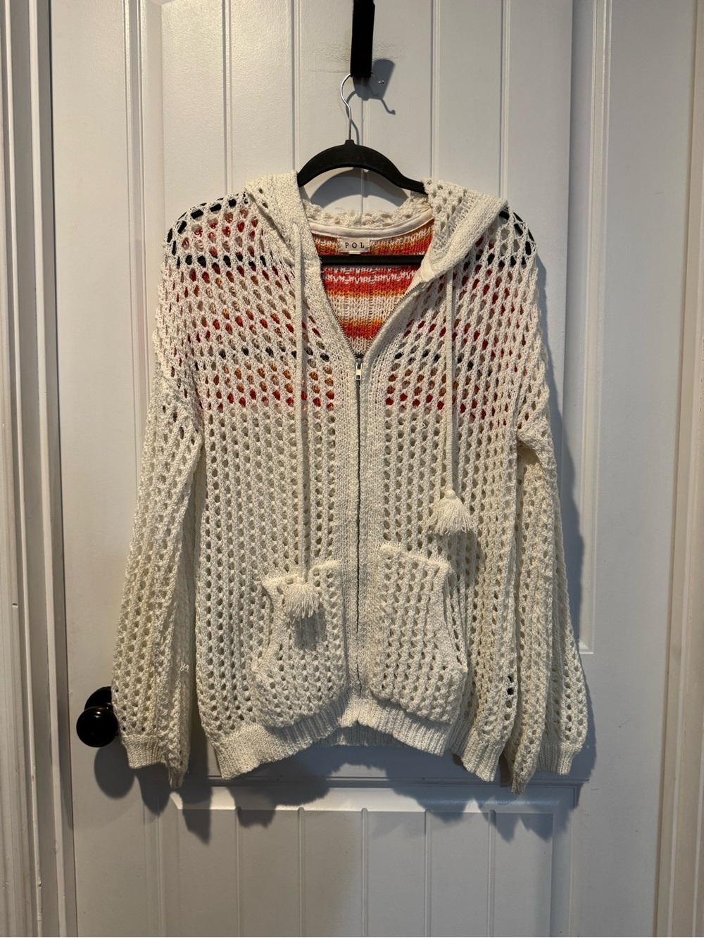 POL Cream Open-Knit Hooded Zip Cardigan with Tassels